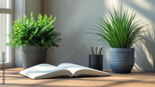 Cozy reading nook with a plant and an open book in bright natural light