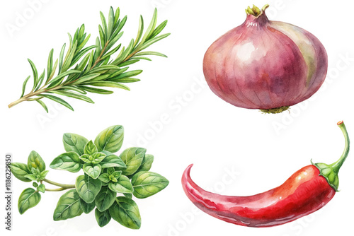 Fresh herbs illustration, watercolor style, culinary ingredients, vibrant colors, cooking essentials, organic vegetables.