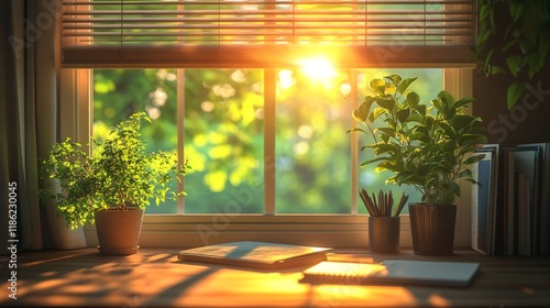 Bright indoor space with plants and an open book on a warm wooden table in th...