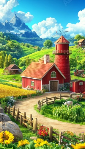 Red Barn, Countryside Charm An Idyllic Rural Landscape with Alpine Views and a Touch of Whimsy