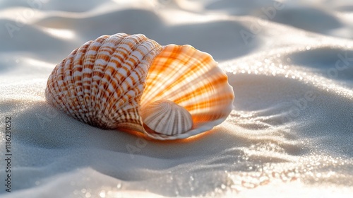 Seashell resting on soft sand with gentle sunlight highlighting its colors an...
