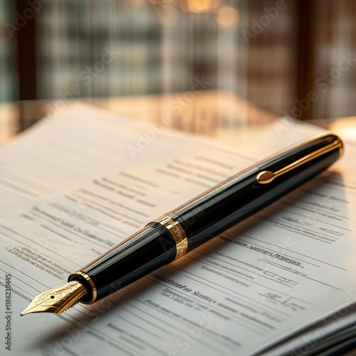 Luxury fountain pen on a financial report with blue charts. Ideal for business, finance, and professional themes. photo