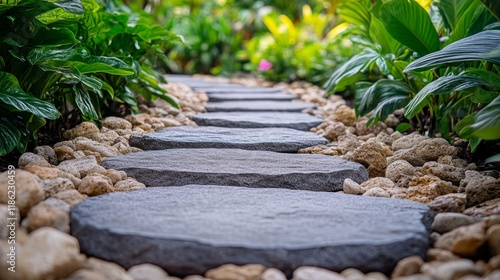 Pathway lined with stones and colorful flowers in a lush green garden after rain