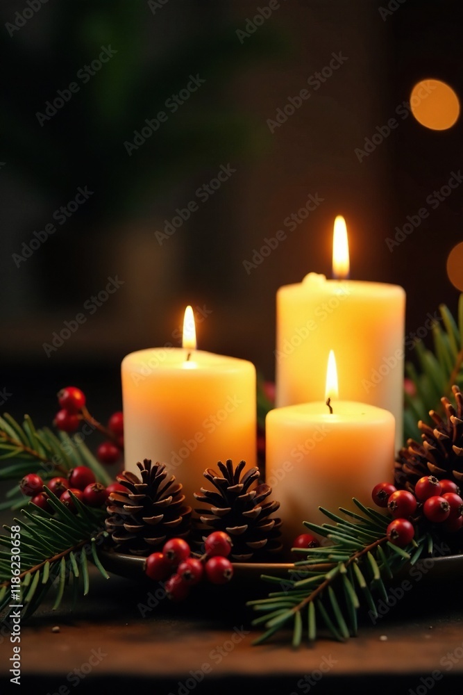 Three lit candles cast a golden glow on a branch adorned with pinecones and dried berries, cone, candle, ambiance Three lit candles cast a golden glow on a branch adorned with pinecones and dried berries, cone, candle, ambiance