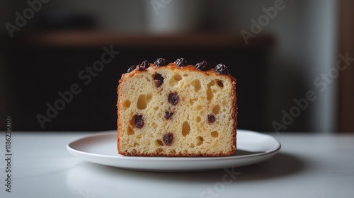 Delicious chocolate chip cake on a plate with a simple background and soft li...