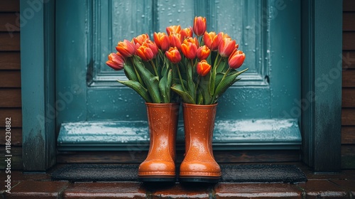 Bright tulips in black rubber boots at a charming front door during autumn