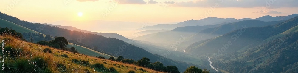 Fototapeta premium Distant landscape with misty valley and rolling hills, hill, sky, mountains