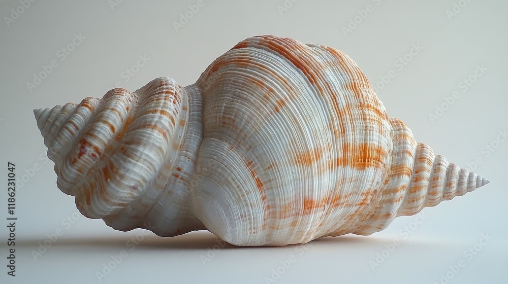 Detailed close-up of a large seashell showcasing intricate patterns and colors on a neutral background Detailed close-up of a large seashell showcasing intricate patterns and colors on a neutral background