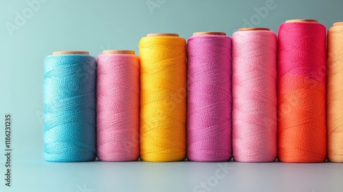 Colorful spools of thread arranged in a row on a green background for craftin...