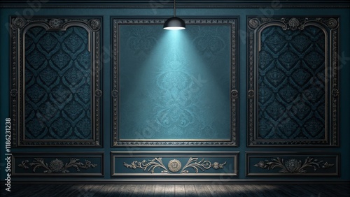 Dark Teal Damask Paneling, Ornate Frame, Spotlight, 3D Render, Interior Design, Wallpaper, Baroque Damask