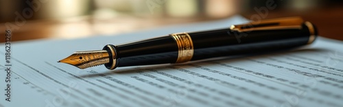 Luxury fountain pen on a financial report with blue charts. Ideal for business, finance, and professional themes. photo