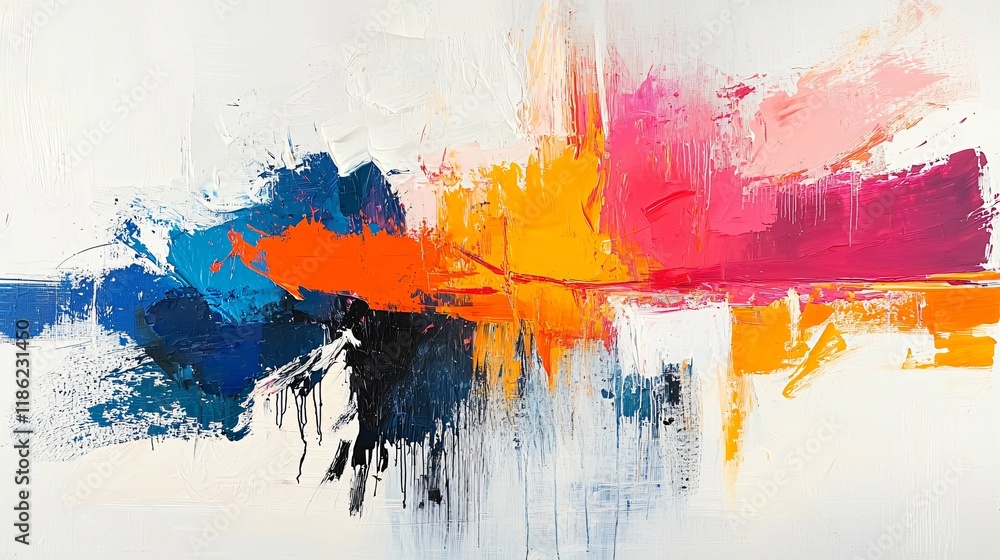 Fototapeta premium Vibrant Abstract Painting Bold Strokes of Orange Pink and Blue Hues on White Canvas