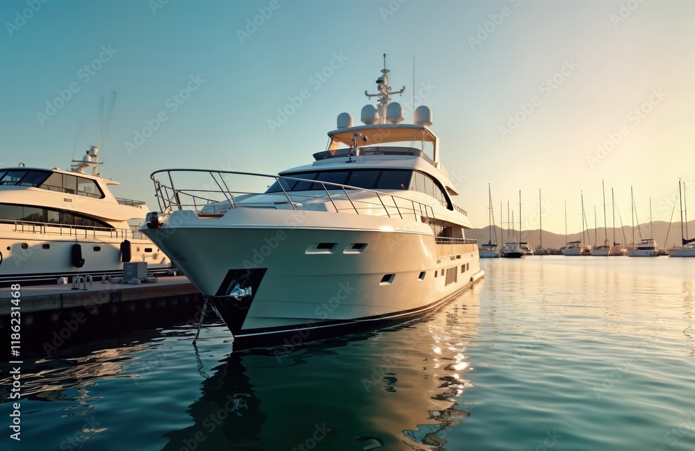 Naklejka premium Luxury yacht moored in marina at sunrise. Calm water reflects boat. Yachts, boats visible in harbor. Scenic view of beautiful port. Vacationers relaxing at docks. Maritime atmosphere. Sunny day