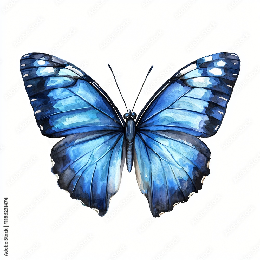 Fototapeta premium Vibrant Blue Morpho Butterfly Watercolor Painting Insect Wing Design Nature Art
