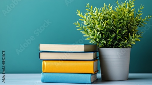 Vibrant stack of books beside a green plant in a modern interior setting