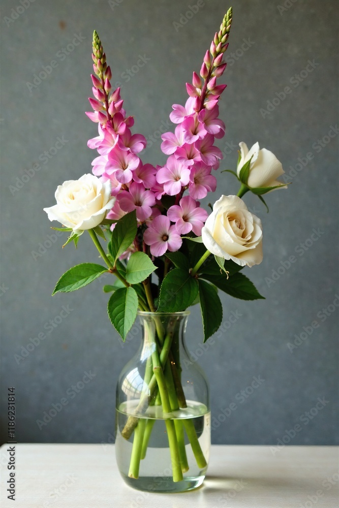 Obraz premium Tall and slender Salvia trilobata with white roses in a long glass vase, nature photography, vases, trilobata