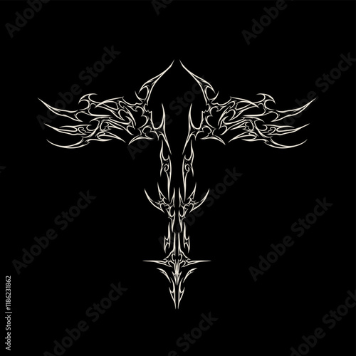 Black and white abstract tribal vector design with symmetrical and sharp elements. Perfect for tattoo art, apparel, logos, or decorative purposes. High-quality and versatile digital artwork