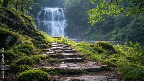 Scenic pathway leading to a majestic waterfall in a lush green forest setting