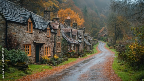 Charming cottages line a winding road through a misty autumn landscape in a q...