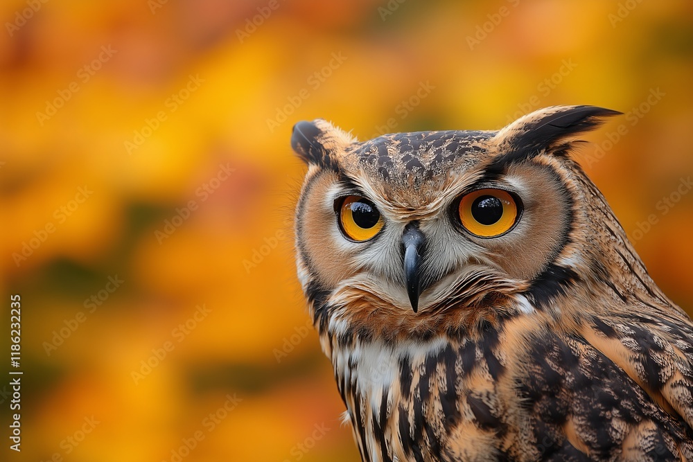 Obraz premium Beautiful owl with intense orange eyes in golden fall background