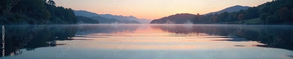 Fototapeta premium Gentle ripples disturb the mirror-like lake surface at dawn, landscape, quiet