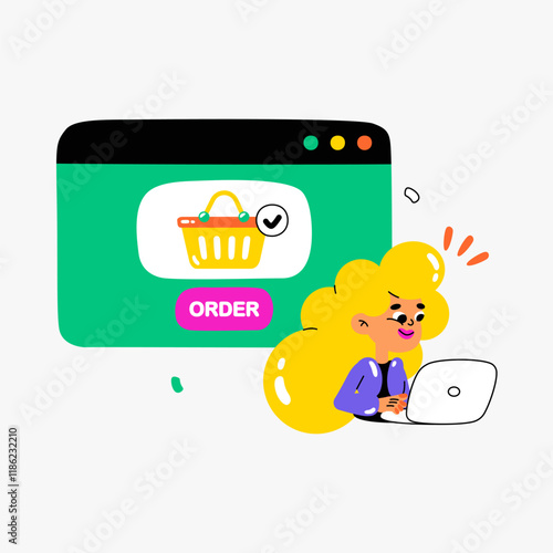 Woman ordering online in flat vector illustration symbolizing e commerce, online shopping, and digital purchases, isolated on white background