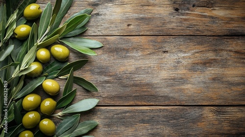 Fresh green olives and olive leaves arranged on rustic wooden table