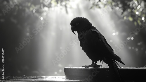 Colorful parrot perched on a wooden rail during a soft sunset glow in nature