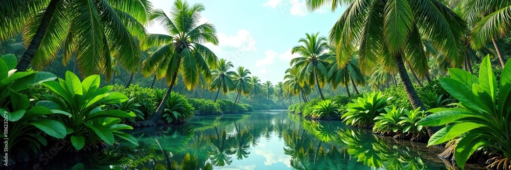 Lush green palms growing in a coastal wetland area, palm tree, mangrove