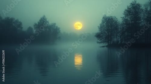 Moonlit calm over serene lake surrounded by misty pine trees at night