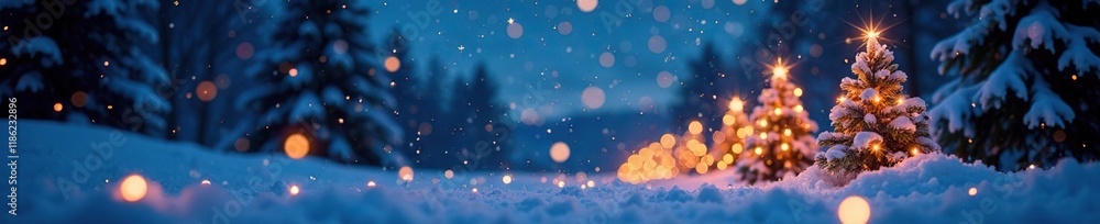 Snowy night sky with twinkling stars and festive lights, Christmas, Bokeh Snowy night sky with twinkling stars and festive lights, Christmas, Bokeh