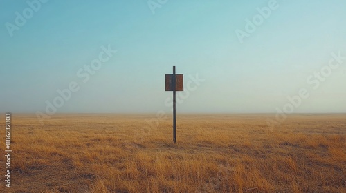 Mysterious old building surrounded by fog in a golden field during early morn...