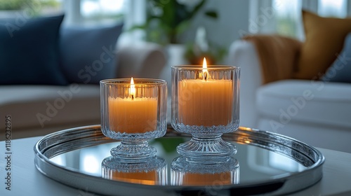 Romantic evening with candles and flowers creating a cozy ambiance in a livin...