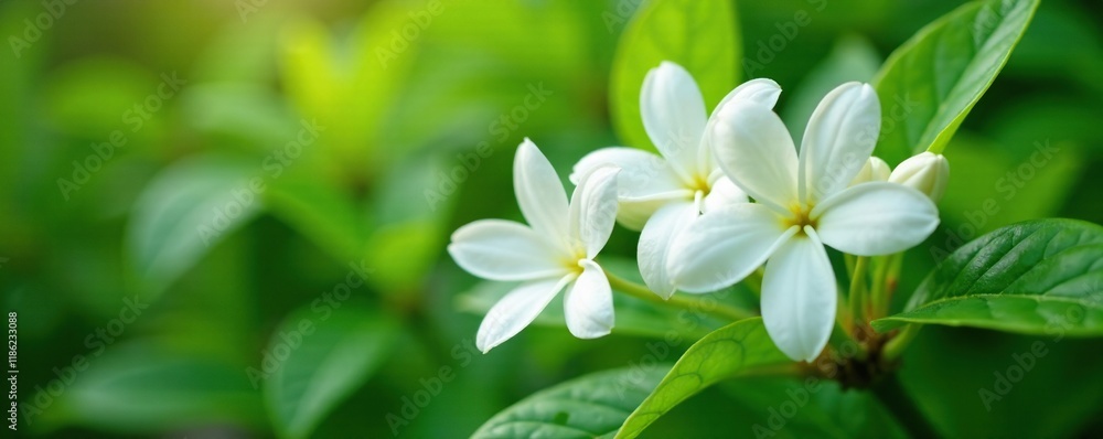 White jasmine flowers blooming in a lush green garden, , garden flowers, foliage White jasmine flowers blooming in a lush green garden, , garden flowers, foliage