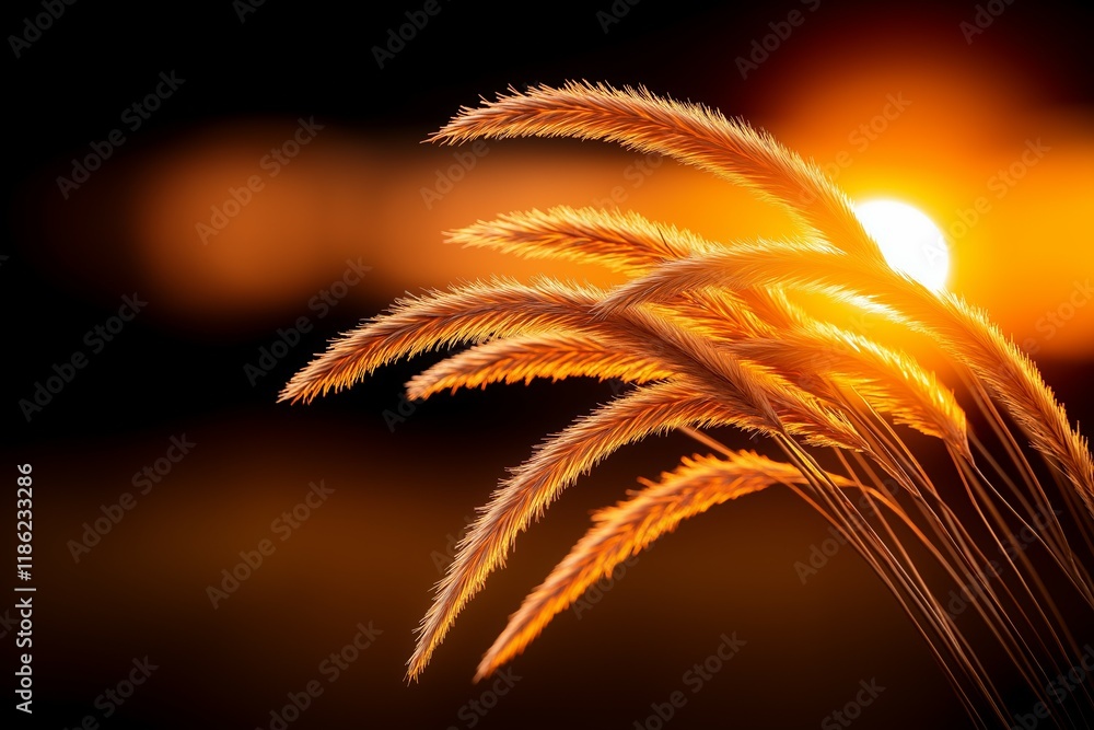 Silhouetted grass blades swaying in golden sunset with serene background Silhouetted grass blades swaying in golden sunset with serene background