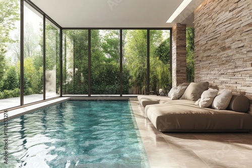 Elegant indoor pool area with natural lighting and modern lounge seating