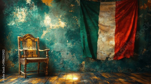 Colorful knitted blanket draped on a wooden chair against a textured wall