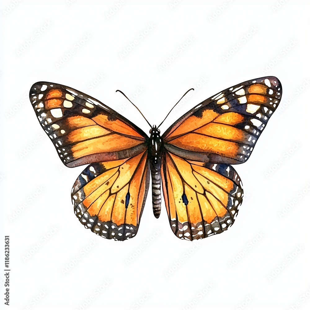 Fototapeta premium Vibrant Watercolor Painting of a Monarch Butterfly with Orange Wings and Black Markings