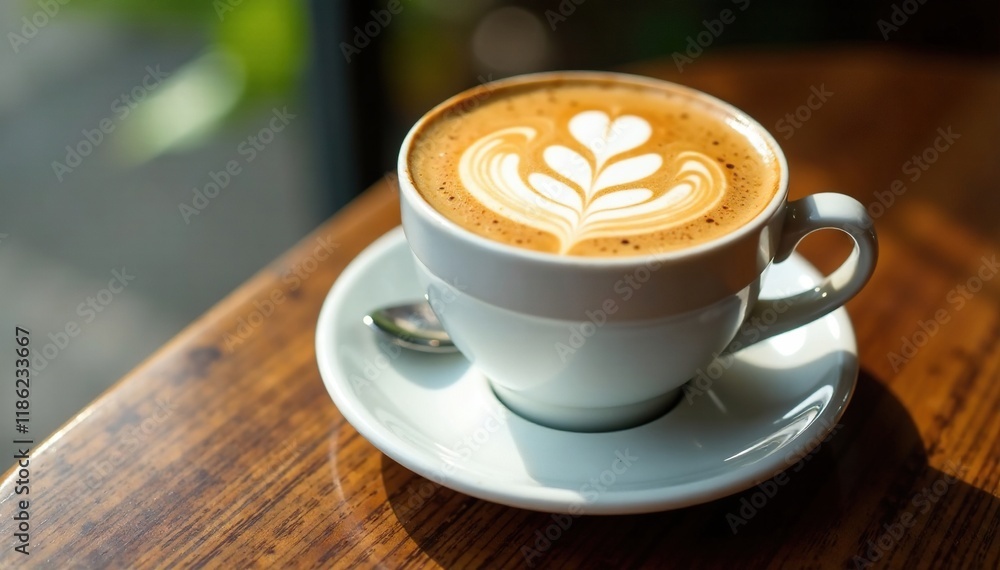 Creamy coffee with intricate latte art on saucer, plate, morning Creamy coffee with intricate latte art on saucer, plate, morning