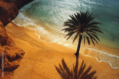 Relaxing view of a palm tree on a sandy beach with gentle ocean waves in the ...