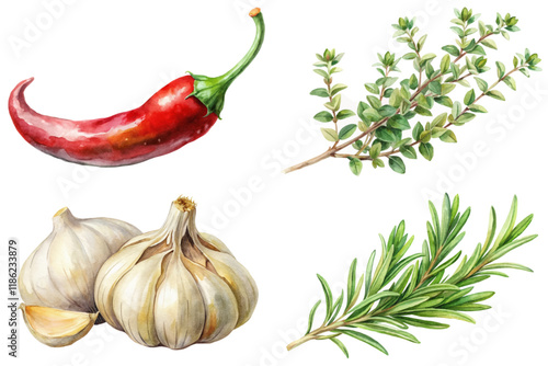 Colorful chili pepper, fresh garlic bulbs, aromatic thyme sprigs, vibrant rosemary leaves, botanical illustration style.