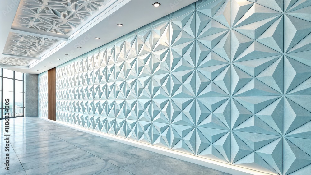 Obraz premium Modern Geometric Hallway Design 3D Render of Teal Accents and Intricate Ceiling,Interior Design,Architectural Visualization Interior Design,Architectural Visualization