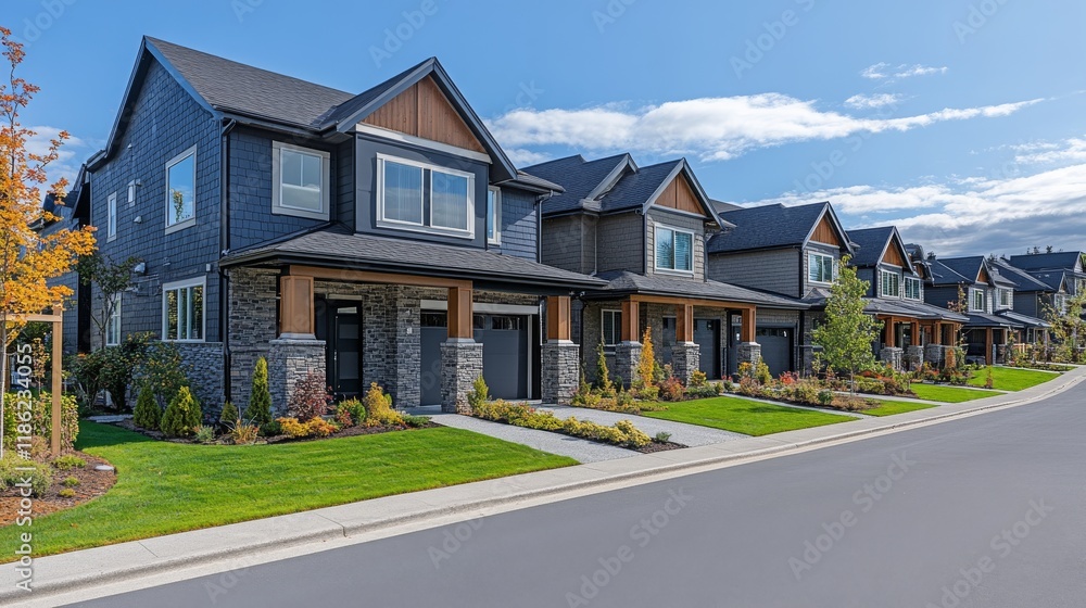 Beautiful residential houses lined up along a quiet street in a suburban neighborhood during fall Beautiful residential houses lined up along a quiet street in a suburban neighborhood during fall