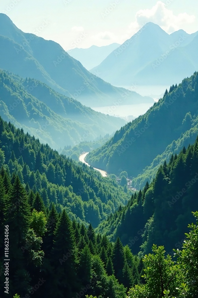 Fototapeta premium Misty mountain valley shrouded in dense greenery, forest, landscape, trees