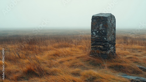 Tall stone monolith in a vast golden grass field at sunrise, under a colorful...