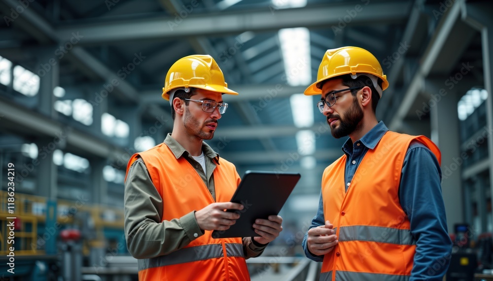 Two industrial workers wear safety gear, discuss with tablet. Collaborate in factory workplace. Conversation shows teamwork, professionalism. Modern tech used in operations. Inspect machinery. Image Two industrial workers wear safety gear, discuss with tablet. Collaborate in factory workplace. Conversation shows teamwork, professionalism. Modern tech used in operations. Inspect machinery. Image