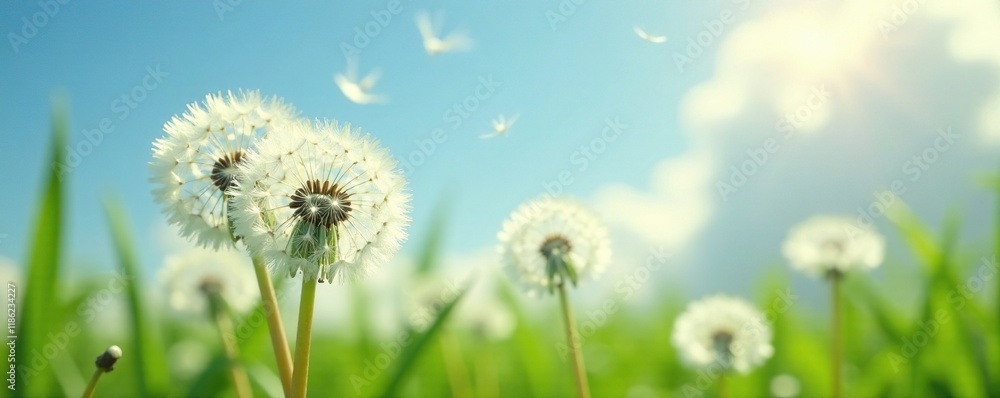 Obraz premium soft white dandelion puffs float gently in the breeze, sky, garden, dandelion