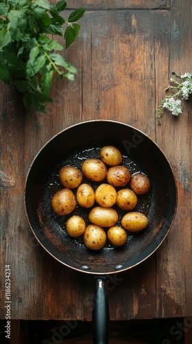 Delicious potato dish garnished with herbs served in a black skillet on a woo...