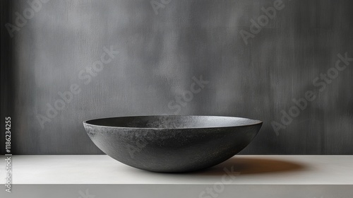Minimalist stone bowl placed on a stone platform in a softly lit contemporary...