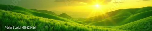 Soft yellow rays illuminate a serene emerald green landscape at dawn, warm, green lime yellow, landscape